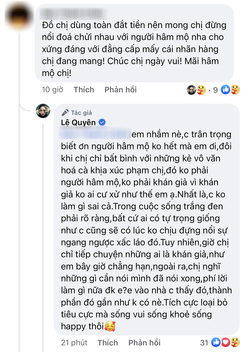 Phản ứng Lệ Quyên khi được khuyên đừng chửi netizen để đúng đẳng cấp đồ hiệu trên người - Ảnh 3.