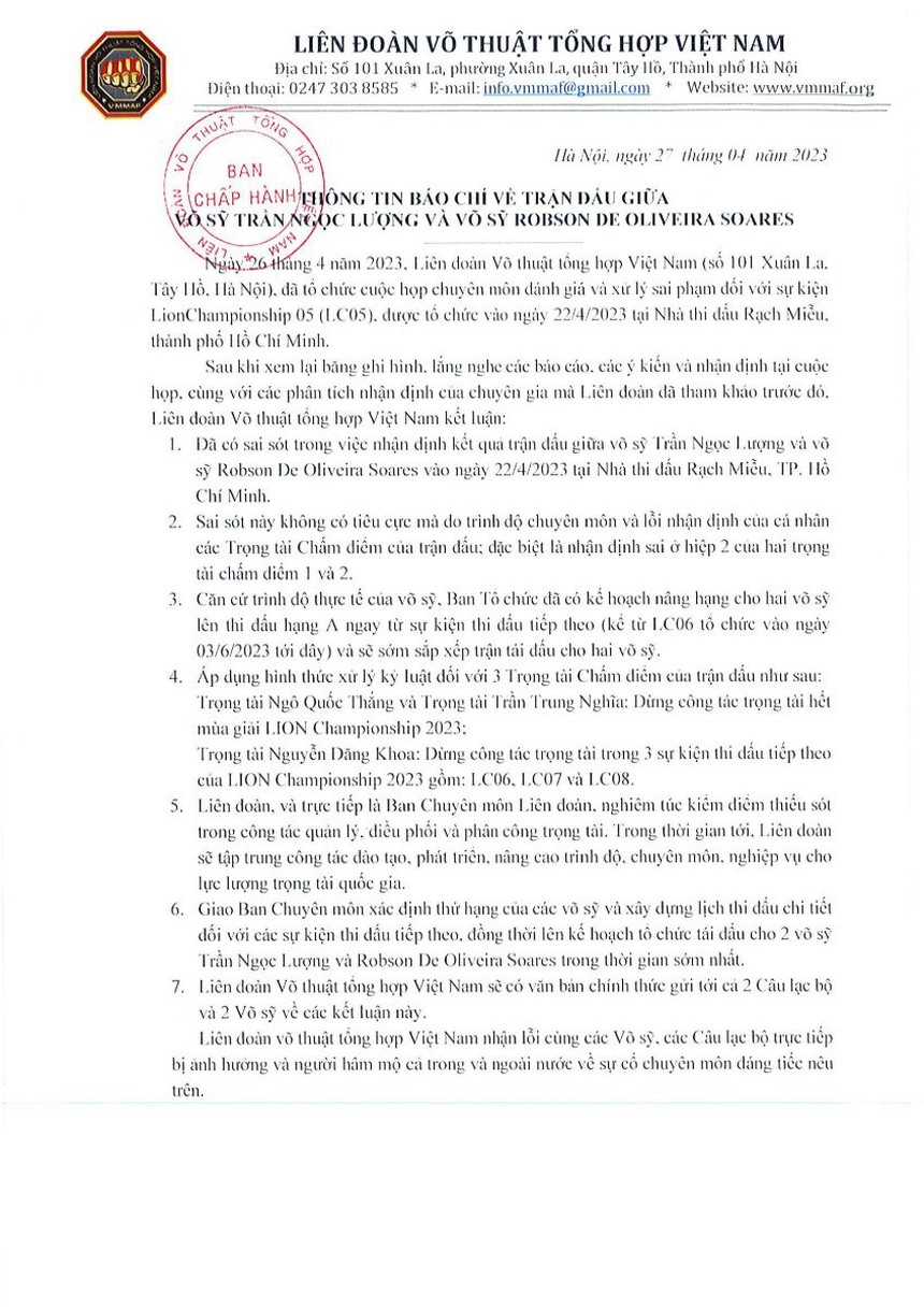 CHÍNH THỨC: Liên đoàn MMA Việt Nam xin lỗi cao thủ Brazil và xử phạt trọng tài sau trận đấu tranh cãi - Ảnh 4. CHÍNH THỨC: Liên đoàn MMA Việt Nam xin lỗi cao thủ Brazil và xử phạt trọng tài sau trận đấu tranh cãi - Ảnh 4.