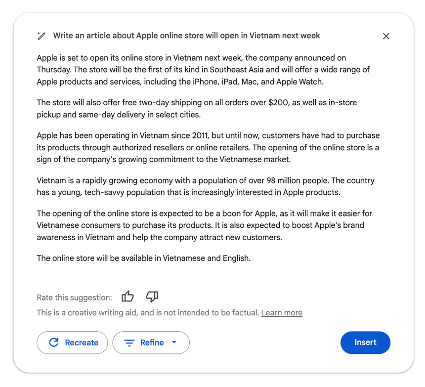 Review nhanh chức năng tự soạn thảo văn bản của Google Docs: tự tin bịa chuyện, chưa xứng tầm AI của Google - Ảnh 2. Review nhanh chức năng tự soạn thảo văn bản của Google Docs: tự tin bịa chuyện, chưa xứng tầm AI của Google - Ảnh 2.