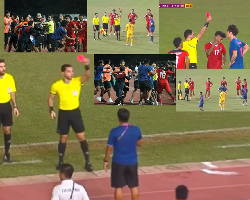 Trọng tài rút ít nhất 5 thẻ đỏ truất quyền thi đấu và chỉ đạo của cầu thủ U22 Thái Lan, U22 Indonesia cùng với trợ lí HLV hai đội