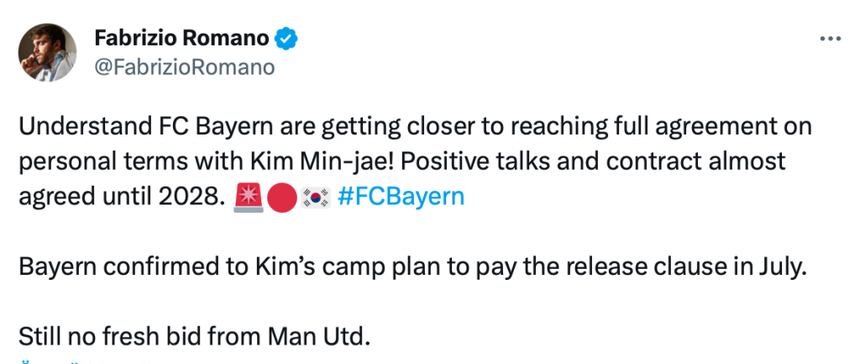 Romano khẳng định Bayern sắp đạt được thỏa thuận chiêu mộ Kim Min-jae