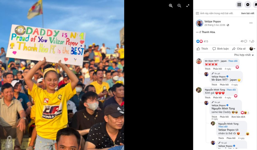 Tan chảy với hình ảnh con gái HLV Popov cầm biểu ngữ: ‘Bố là số 1. Thanh Hóa FC xuất sắc nhất’ - Ảnh 2. Tan chảy với hình ảnh con gái HLV Popov cầm biểu ngữ: ‘Bố là số 1. Thanh Hóa FC xuất sắc nhất’ - Ảnh 2.