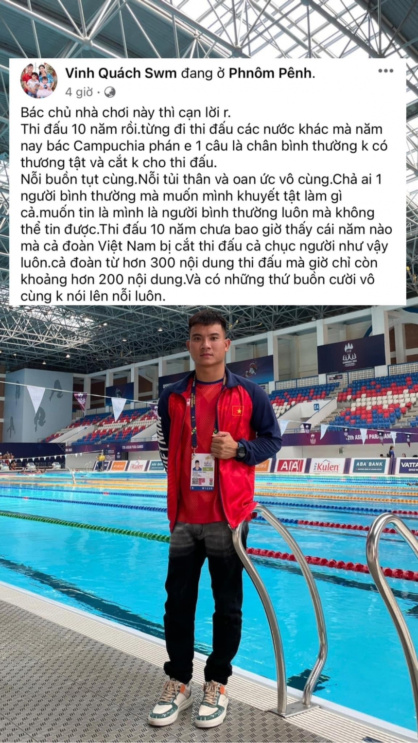VĐV khuyết tật Quách VInh chia sẻ trên trang cá nhân chuyện khó tin khi anh bị chủ nhà Para Games 12 không cho thi đấu vì xác định anh là... người bình thường