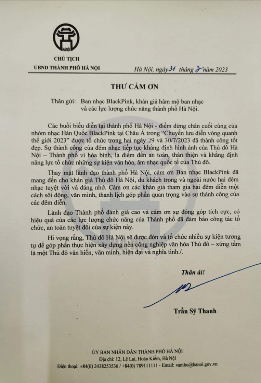 Concert Blackpink vừa diễn ra thành công, Chủ tịch TP. Hà Nội gửi thư cảm ơn - Ảnh 2.