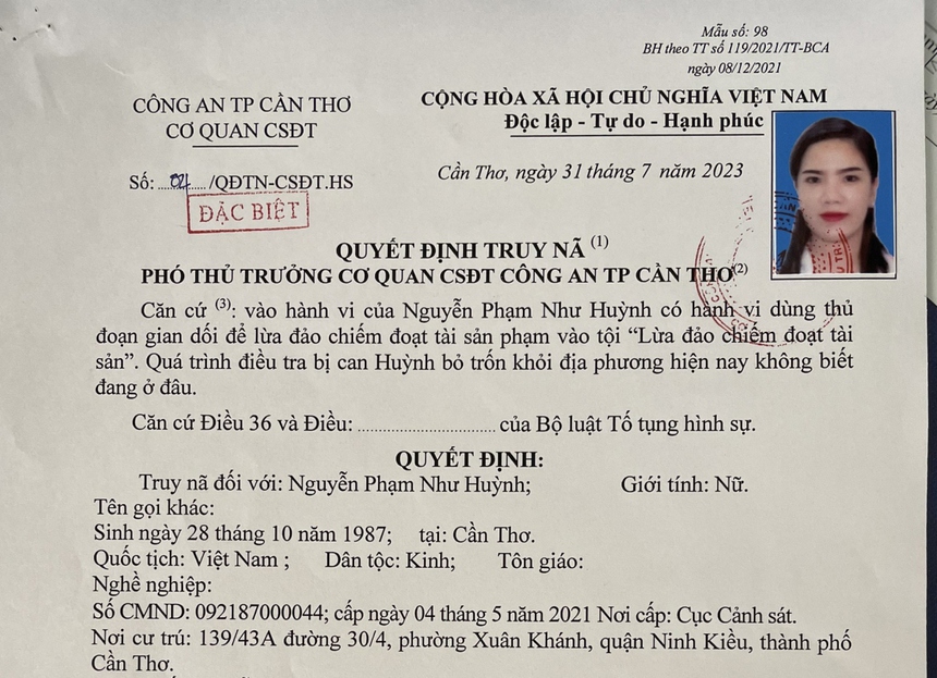 Cần Thơ: Truy nã đặc biệt nữ quái lừa đảo 16 tỷ đồng - Ảnh 1. Cần Thơ: Truy nã đặc biệt nữ quái lừa đảo 16 tỷ đồng - Ảnh 1.