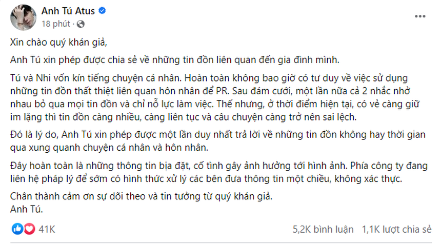 Anh Tú chính thức lên tiếng về những tin đồn thất thiệt, khẳng định sẽ có hành động pháp lý - Ảnh 1.