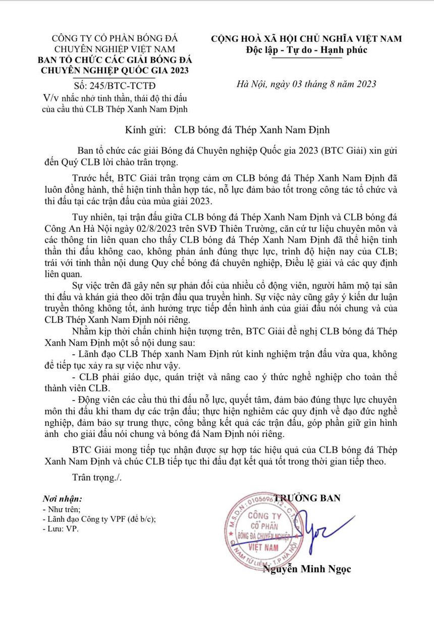 VPF nhắc nhở CLB Thép Xanh Nam Định về tinh thần, thái độ thi đấu - Ảnh 3.