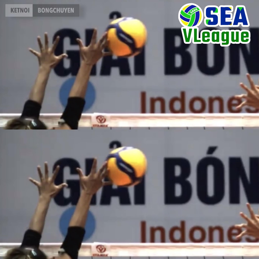 Tình huống chạm chắn Thái Lan ở set 3 khi tỉ số là 23-23 nhưng trọng tài không cho điểm tuyển Việt Nam. Ảnh: FB "Kết nối bóng chuyền"