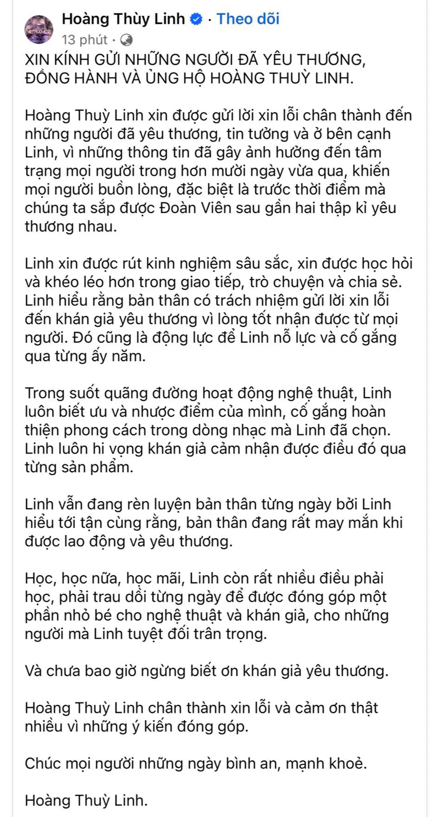 Hoàng Thùy Linh lên tiếng xin lỗi khán giả sau những phát ngôn 'vạ miệng' tại họp báo  - Ảnh 1.