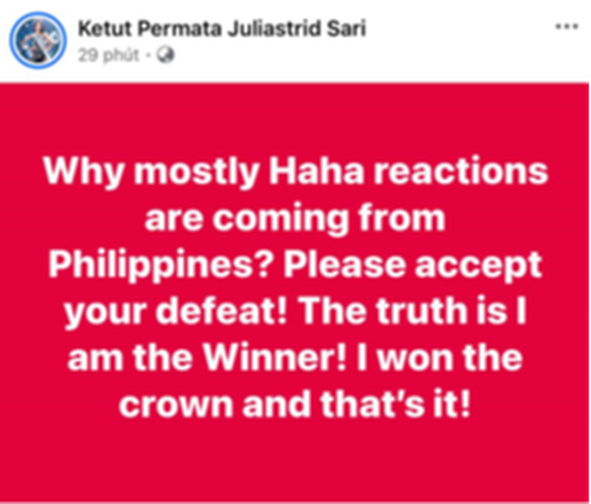 Tân Miss Cosmo bất ngờ đăng đàn, phản ứng với fan Phillipines - Ảnh 2. Tân Miss Cosmo bất ngờ đăng đàn, phản ứng với fan Phillipines - Ảnh 2.