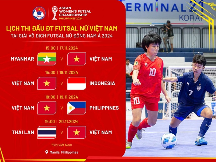 Lịch thi đấu bóng đá hôm nay 17/11: Trực tiếp futsal nữ Việt Nam vs Myanmar lúc mấy giờ? - Ảnh 1. Lịch thi đấu bóng đá hôm nay 17/11: Trực tiếp futsal nữ Việt Nam vs Myanmar lúc mấy giờ? - Ảnh 1.