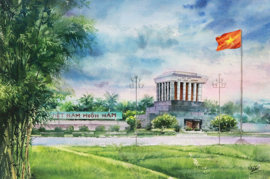 Hà Nội đầy sắc màu qua loạt tranh trưng bày tại triển lãm "Tôi vẽ Hà Nội" - Ảnh 2. Hà Nội đầy sắc màu qua loạt tranh trưng bày tại triển lãm "Tôi vẽ Hà Nội" - Ảnh 2.