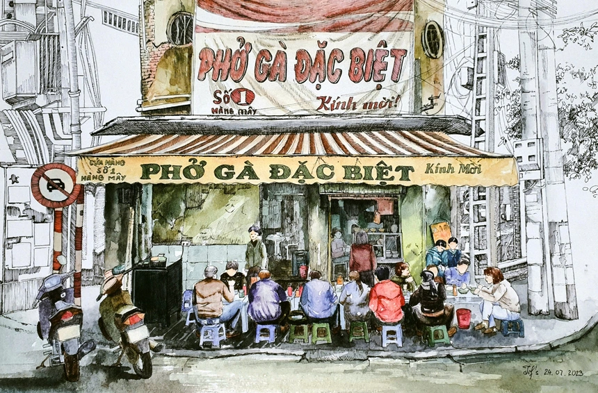 Hà Nội đầy sắc màu qua loạt tranh trưng bày tại triển lãm "Tôi vẽ Hà Nội" - Ảnh 8. Hà Nội đầy sắc màu qua loạt tranh trưng bày tại triển lãm "Tôi vẽ Hà Nội" - Ảnh 8.