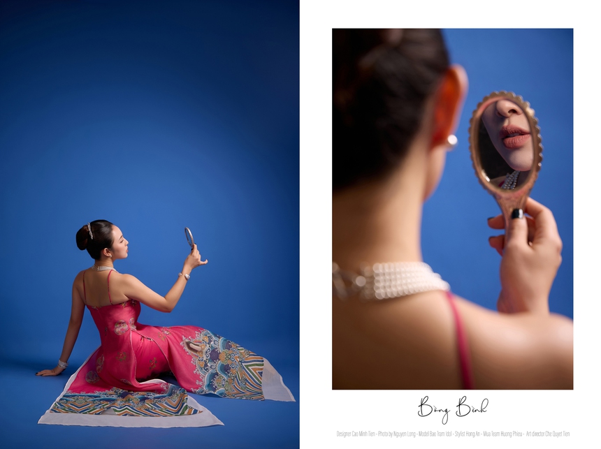 Ca sĩ Bảo Trâm hoá "nàng thơ" của Cao Minh Tiến, diện áo dài Tết lấy cảm hứng từ áo Nhật Bình - Ảnh 7.