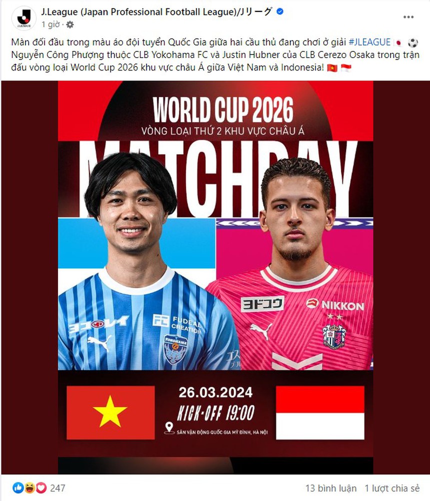 Công Phượng được giải VĐQG Nhật Bản réo tên trước trận Việt Nam vs Indonesia, CĐV bật cười vì lý do bất ngờ - Ảnh 2. Công Phượng được giải VĐQG Nhật Bản réo tên trước trận Việt Nam vs Indonesia, CĐV bật cười vì lý do bất ngờ - Ảnh 2.