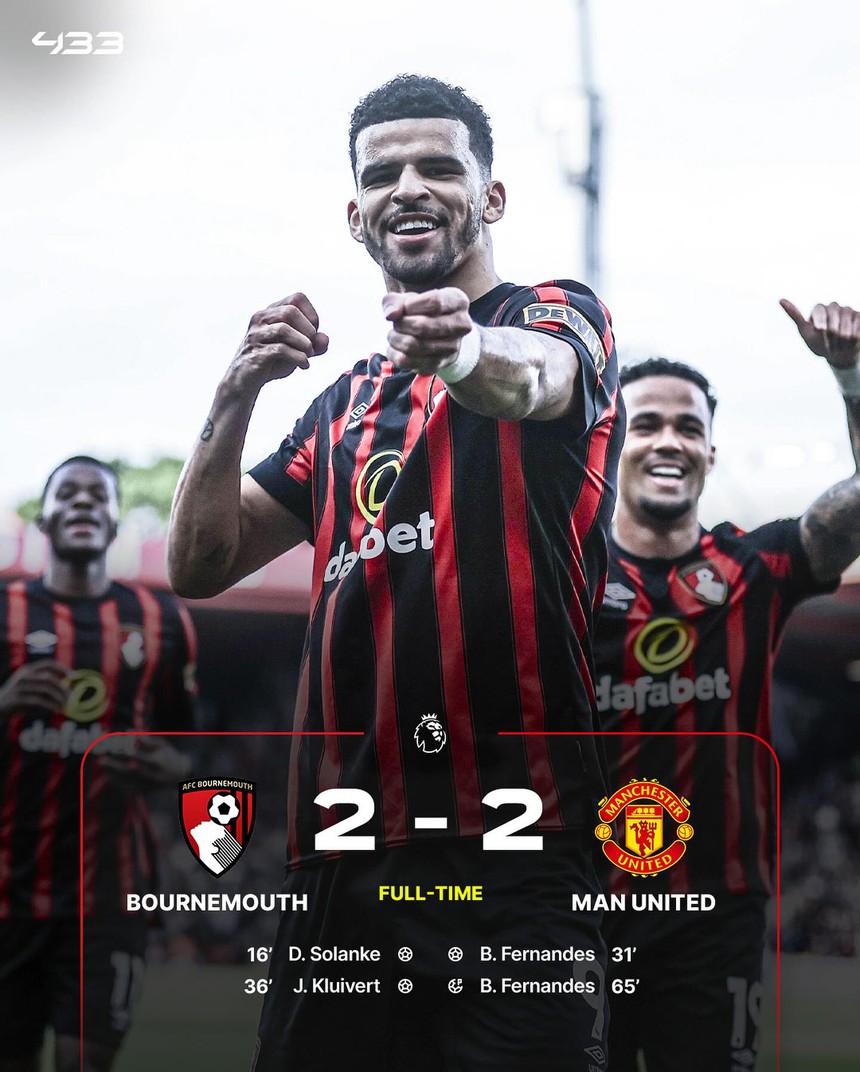 Bournemouth 2-2 MU: Bruno lập cú đúp, 'Quỷ đỏ' hú vía ra về với 1 điểm sau khi đối mặt 20 cú sút - Ảnh 2.