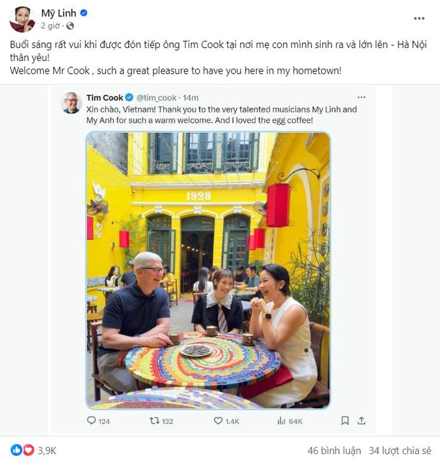 Diva Mỹ Linh cùng con gái Mỹ Anh uống cà phê với Tim Cook - Ảnh 2.