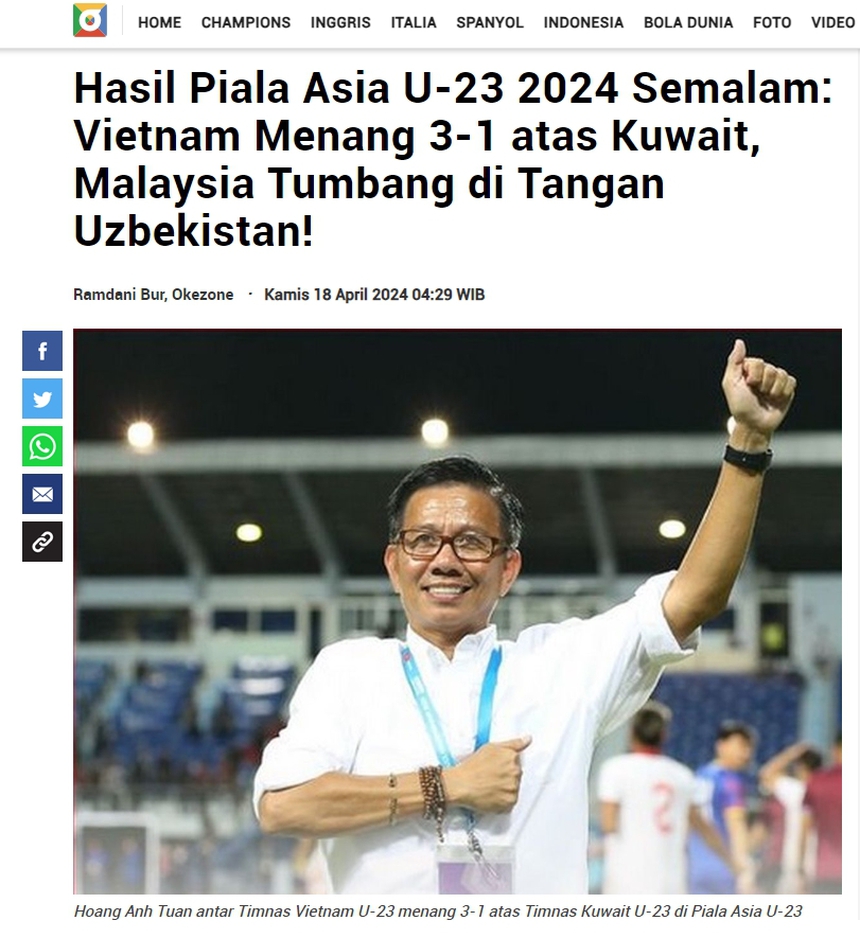 Báo chí Indonesia ca ngợi HLV Hoàng Anh Tuấn với chiến thắng đầu tay của U23 Việt Nam tại U23 châu Á 2024 - Ảnh 3. Báo chí Indonesia ca ngợi HLV Hoàng Anh Tuấn với chiến thắng đầu tay của U23 Việt Nam tại U23 châu Á 2024 - Ảnh 3.