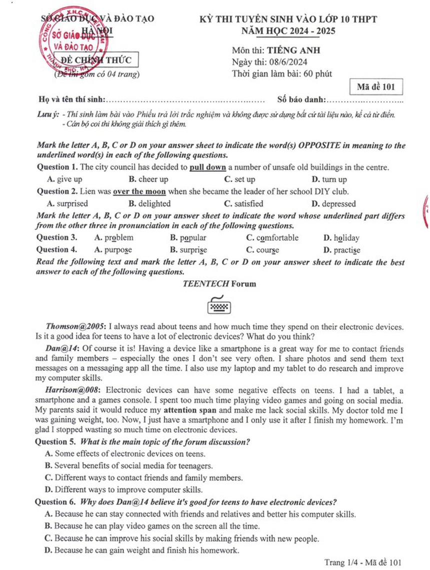 Công bố đáp án chính thức các môn thi vào lớp 10 công lập Hà Nội - Ảnh 6.