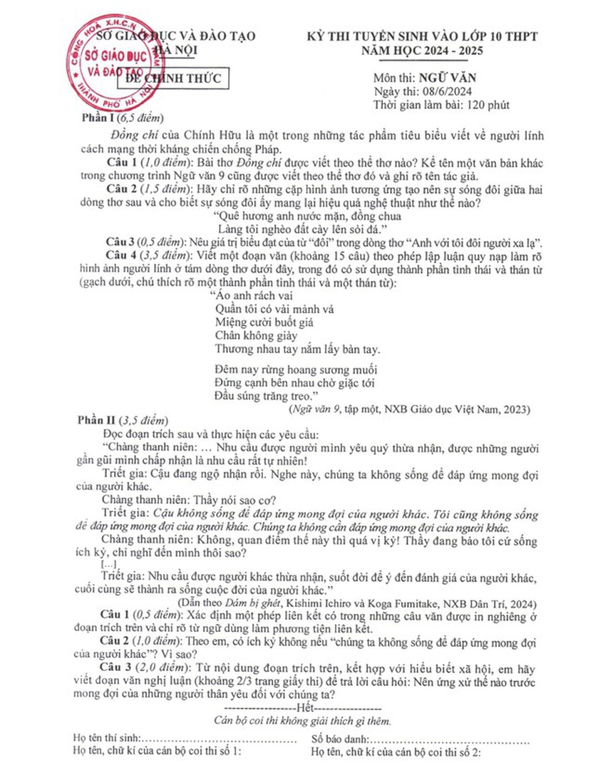 Công bố đáp án chính thức các môn thi vào lớp 10 công lập Hà Nội - Ảnh 4.