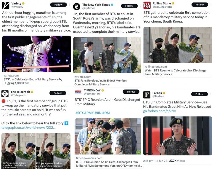 "Trai đẹp toàn cầu" Jin "gây bão" các phương tiện truyền thông khắp thế giới khi xuất ngũ - Ảnh 2. "Trai đẹp toàn cầu" Jin "gây bão" các phương tiện truyền thông khắp thế giới khi xuất ngũ - Ảnh 2.