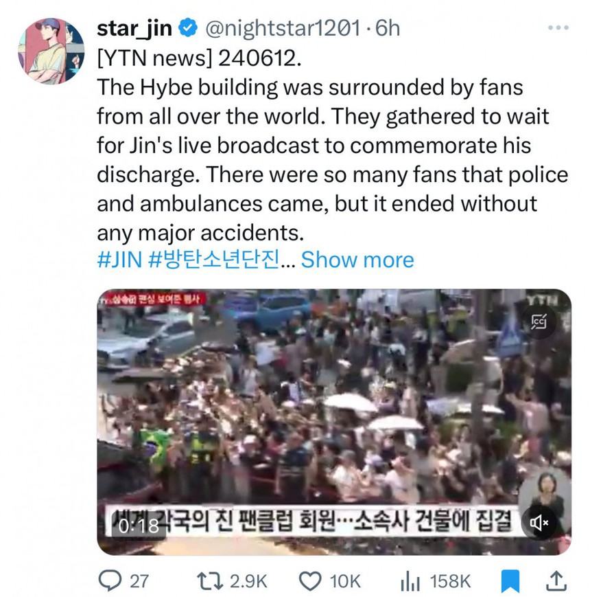 "Trai đẹp toàn cầu" Jin "gây bão" các phương tiện truyền thông khắp thế giới khi xuất ngũ - Ảnh 6. "Trai đẹp toàn cầu" Jin "gây bão" các phương tiện truyền thông khắp thế giới khi xuất ngũ - Ảnh 6.