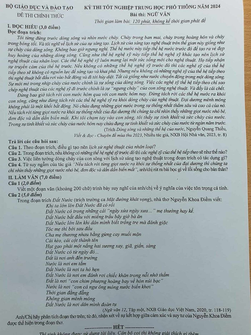 Đáp án môn Văn đề thi tốt nghiệp THPT năm 2024 - Ảnh 1.