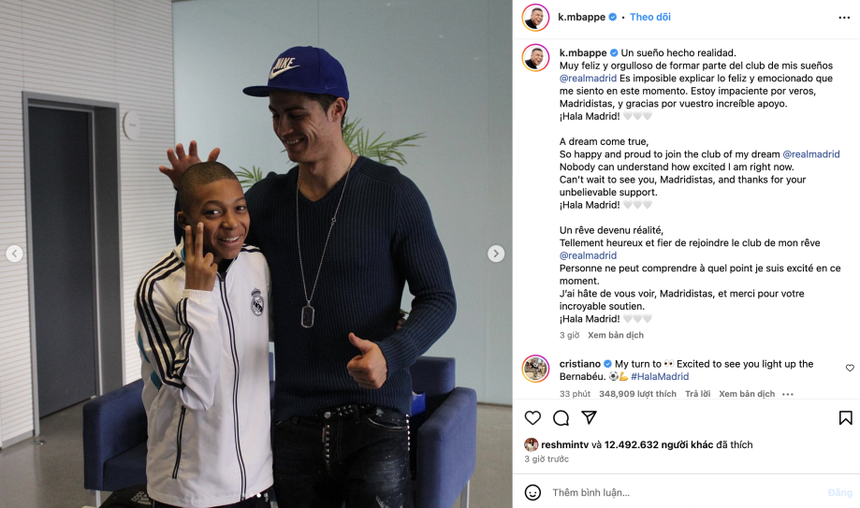 Ronaldo chúc mừng Mbappe gia nhập Real Madrid, nói điều khiêm tốn gây bão mạng - Ảnh 2. Ronaldo chúc mừng Mbappe gia nhập Real Madrid, nói điều khiêm tốn gây bão mạng - Ảnh 2.