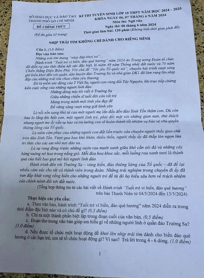Gợi ý đáp án đề thi môn Văn kỳ thi tuyển sinh vào 10 TP.HCM năm 2024 - Ảnh 1. Gợi ý đáp án đề thi môn Văn kỳ thi tuyển sinh vào 10 TP.HCM năm 2024 - Ảnh 1.