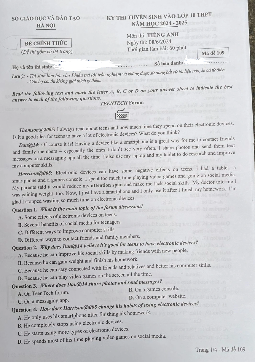 Đáp án đề thi tiếng Anh vào 10 Hà Nội năm 2024 - Ảnh 1.