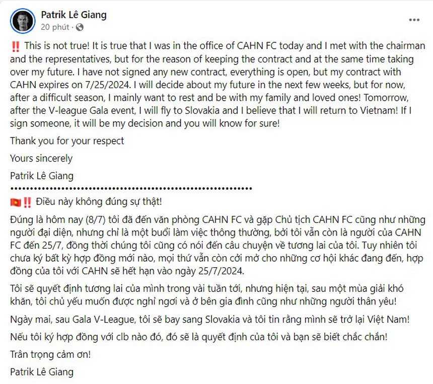 Thủ môn Việt kiều Patrik Lê Giang phủ nhận gia hạn hợp đồng sau thông báo của CAHN, nói về khả năng gia nhập CLB khác - Ảnh 2.