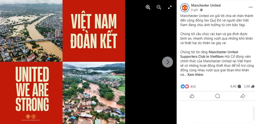 MU gửi lời chia sẻ tới đất nước và nhân dân Việt Nam đang chịu những ảnh hưởng từ bão Yagi, CĐV xúc động, tự hào là fan 'Quỷ đỏ' - Ảnh 1. MU gửi lời chia sẻ tới đất nước và nhân dân Việt Nam đang chịu những ảnh hưởng từ bão Yagi, CĐV xúc động, tự hào là fan 'Quỷ đỏ' - Ảnh 1.