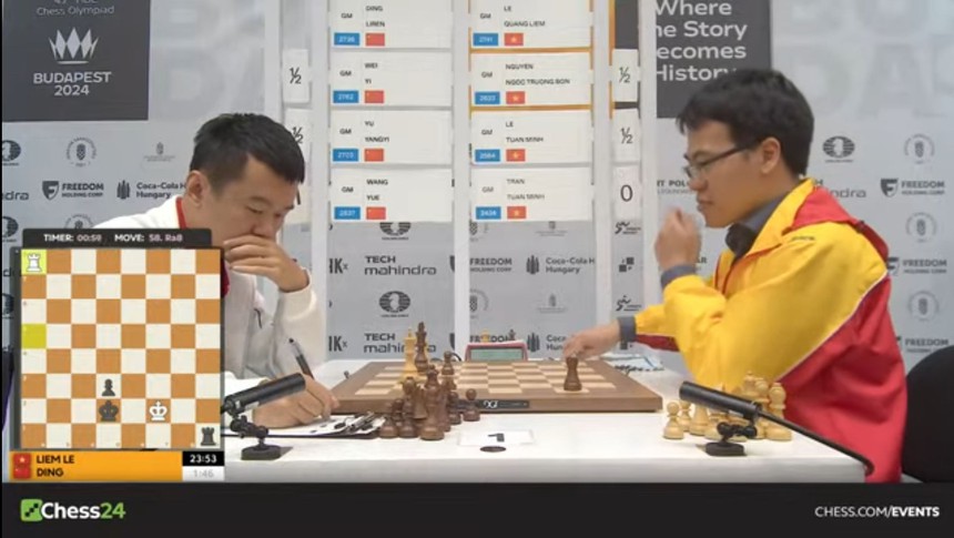 Lê Quang Liêm thắng nhà VĐTG người Trung Quốc Đinh Lập Nhân ở nội đung đồng đội nam giải cờ vua đồng đội thế giới 2024 (Olympiad 2024) Lê Quang Liêm thắng nhà VĐTG người Trung Quốc Đinh Lập Nhân ở nội đung đồng đội nam giải cờ vua đồng đội thế giới 2024 (Olympiad 2024)