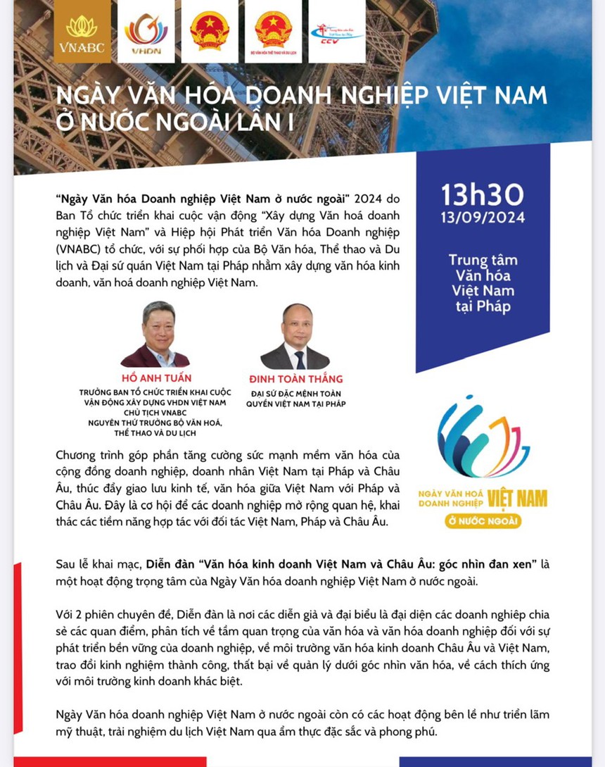 "Ngày văn hóa doanh nghiệp Việt Nam ở nước ngoài" diễn ra tại Paris vào 13/9 - Ảnh 2.