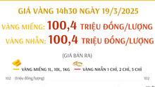 Giá vàng 14h30 ngày 19/3/2025: Vượt mốc 100 triệu đồng/lượng