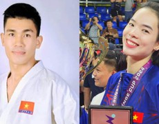 Lê Thanh Thúy và Lê Minh Thuận cầm cờ cho Đoàn Thể thao Việt Nam tại SEA Games 33