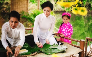 Người mẫu Trà Giang gói bánh tét cùng mẹ