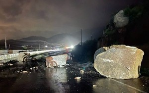 Phong toả một làn đường Quốc lộ 1 qua Lâm Đồng bị vướng đá lớn