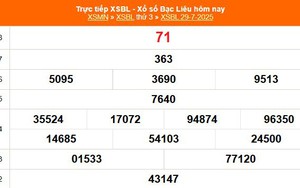 XSBL 29/7 - Kết quả xổ số Bạc Liêu hôm nay 29/7/2025 - Trực tiếp XSBL ngày 29 tháng  7