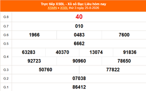 XSBL 25/8 - Kết quả xổ số Bạc Liêu hôm nay 25/8/2026 - Trực tiếp XSBL ngày 25 tháng 8