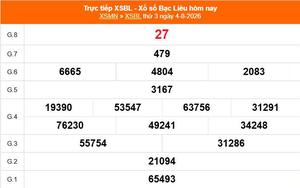XSBL 4/8 - Kết quả xổ số Bạc Liêu hôm nay 4/8/2026 - Trực tiếp XSBL ngày 4 tháng 8
