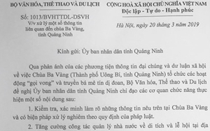 Vụ chùa Ba Vàng: Bộ VHTT&DL gửi công văn hỏa tốc tới Ban Tôn giáo Chính phủ, TƯ Giáo hội Phật giáo VN, UBND tỉnh Quảng Ninh