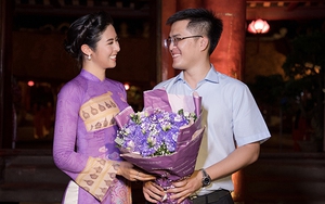 Chồng chưa cưới lần đầu xuất hiện ủng hộ Hoa hậu Ngọc Hân trình diễn áo dài