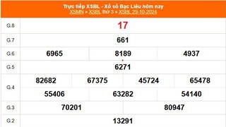 XSBL 29/10 - Kết quả xổ số Bạc Liêu hôm nay 29/10/2024 - Trực tiếp XSBL ngày 29 tháng 10