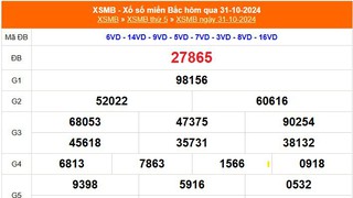 XSMB 31/10 - Kết quả Xổ số miền Bắc hôm nay 31/10/2024 - KQSXMB thứ Năm ngày 31 tháng 10