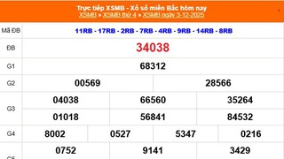 XSMB 3/12 - Kết quả Xổ số miền Bắc hôm nay 3/12/2025 - Kết quả XSMB thứ Tư ngày 3 tháng 12