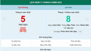 Xem lịch ngày 5 tháng 8 năm 2022 là ngày tốt hay xấu?