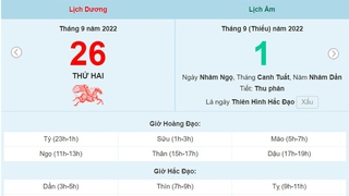 Lịch âm 26/9, xem lịch thứ Hai ngày 26 tháng 9 năm 2022 là ngày tốt hay xấu?