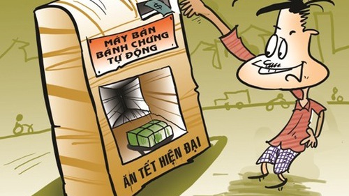 Máy bán bánh chưng - Tranh của họa sĩ Dũng Cận