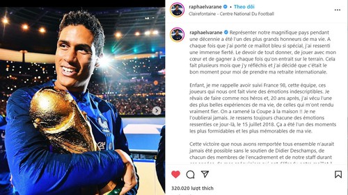 Varane bất ngờ từ giã đội tuyển Pháp